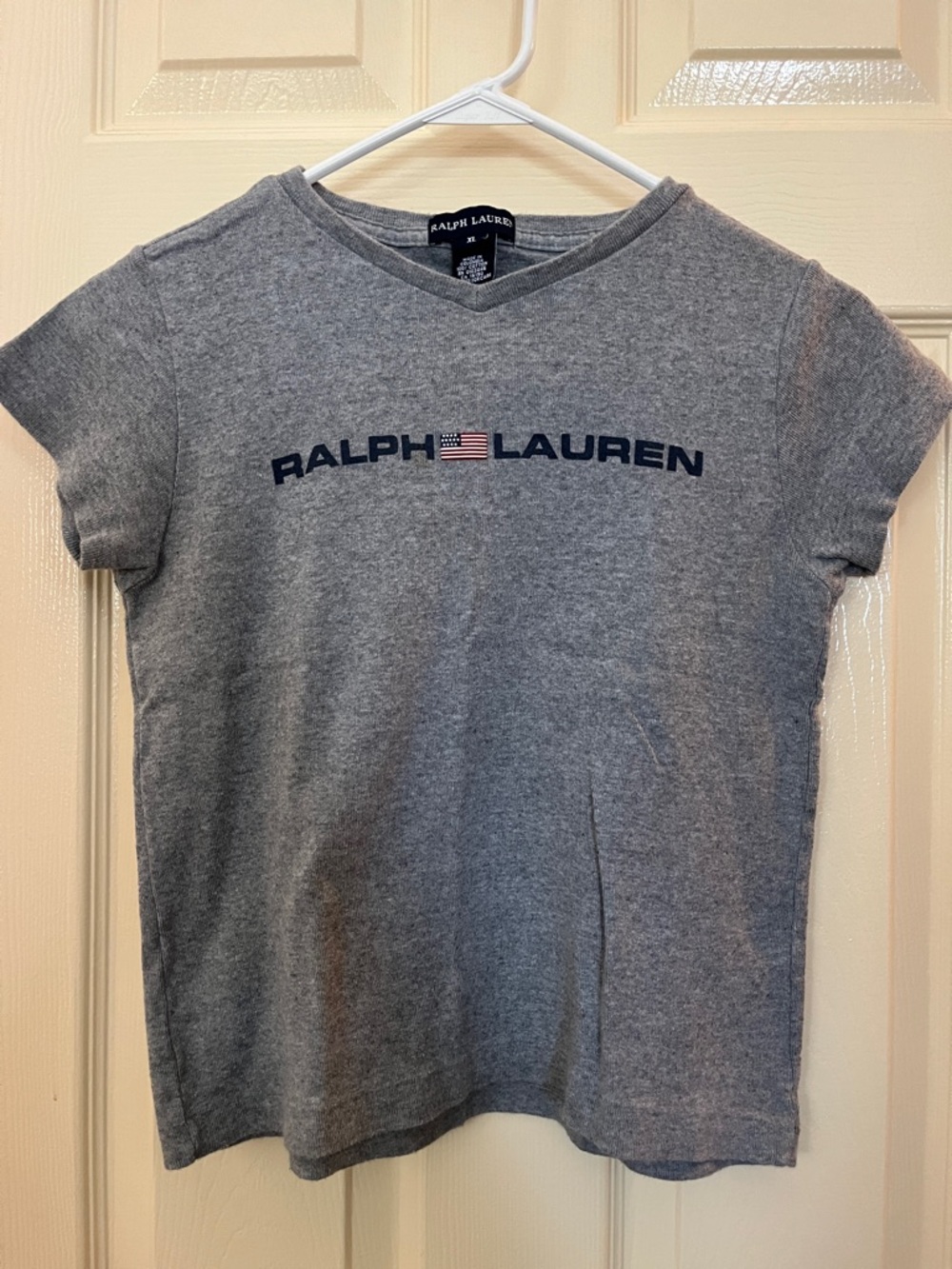 Ralph Lauren Heather Gray V-Neck Tee with Navy Logo